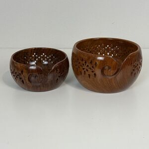 2 Acacia Wood Hand-carved Nesting Yarn Bowls 6.5 & 5.5”